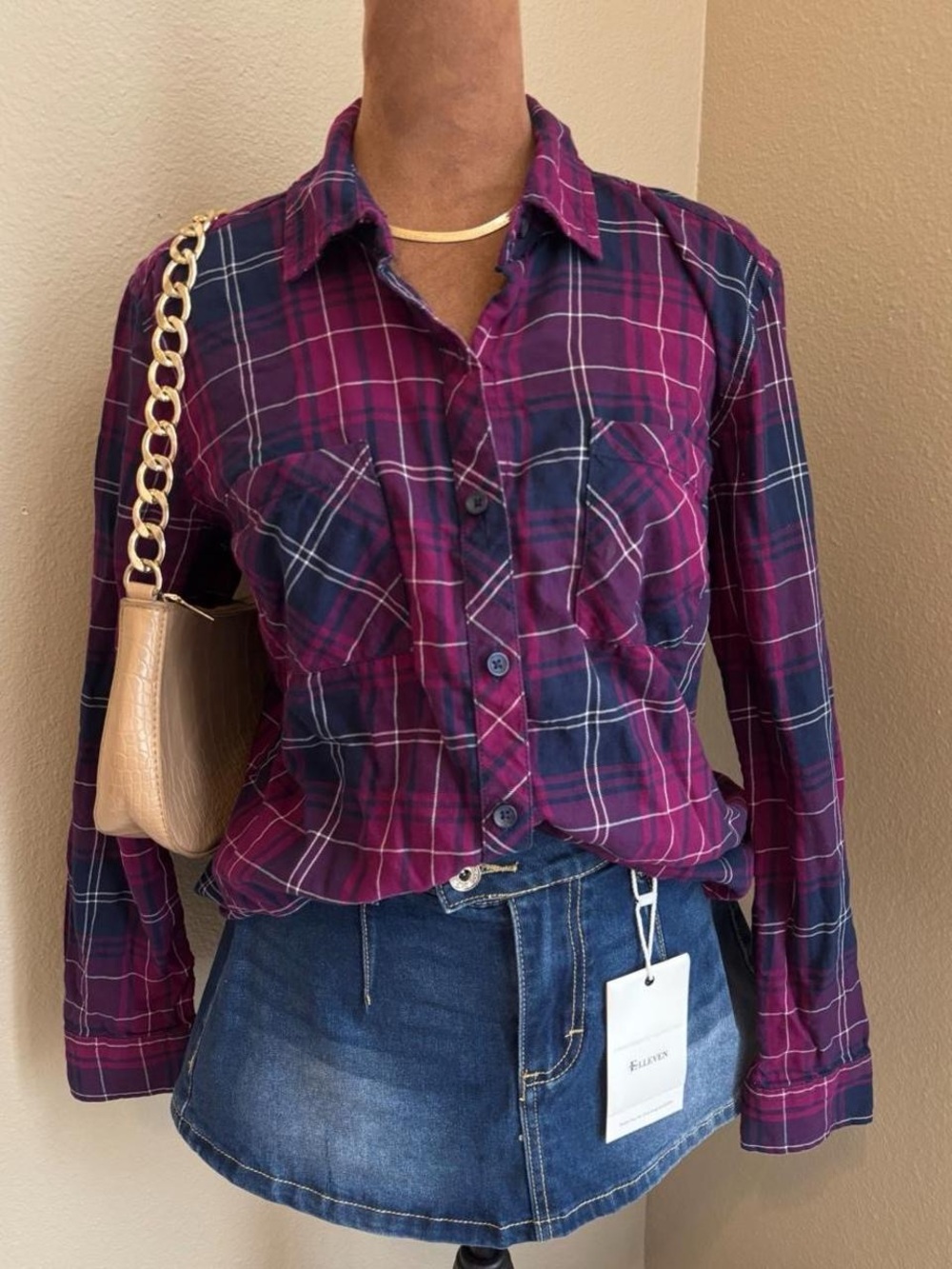 Vintage Y2K 100% Cotton Faded Glory purple, blue, and white plaid shirt in size